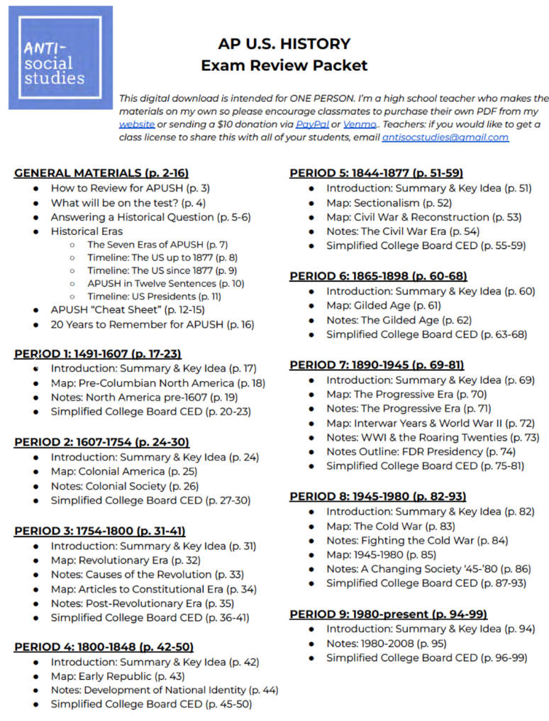 AP U.S. History Student Review Packet