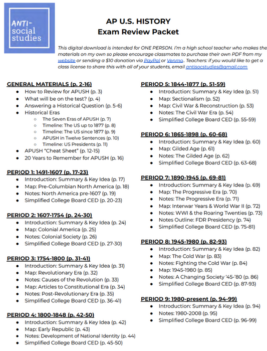 AP U.S. History Student Review Packet